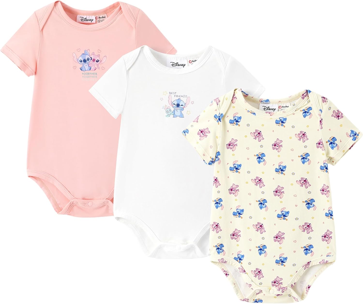 Disney Stitch Princess Ariel Mickey and Friends 3 Packs Baby Short Sleeve Snap Romper for Infant Newborn