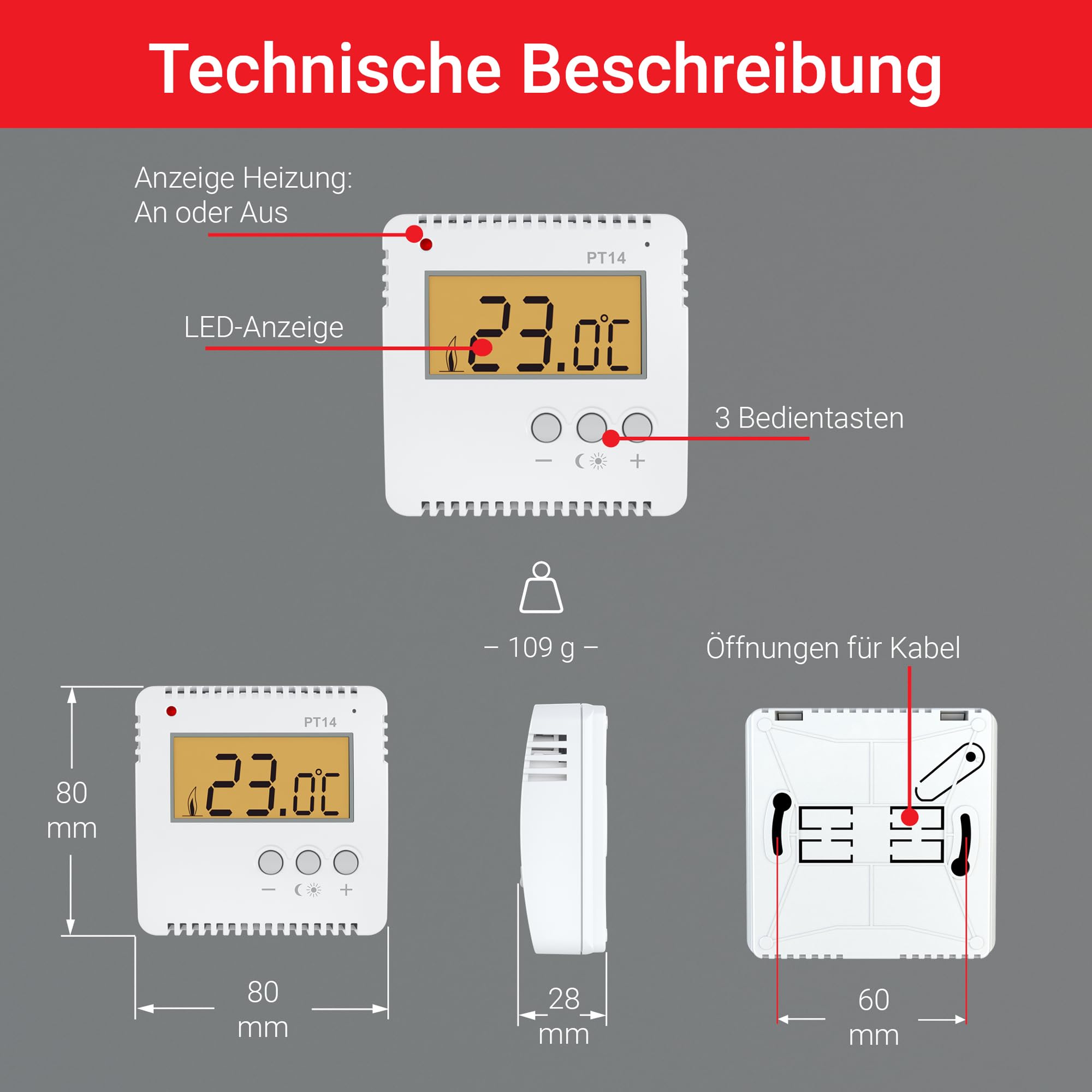 ELEKTROBOCK PT14 Digitaler Raumthermostat 230V | Ein Knopfdruck - Temperaturwechsel | kein programmieren notwendig | großes beleuchtetes LCD Display | Wandthermostat für elektrische Heizungen