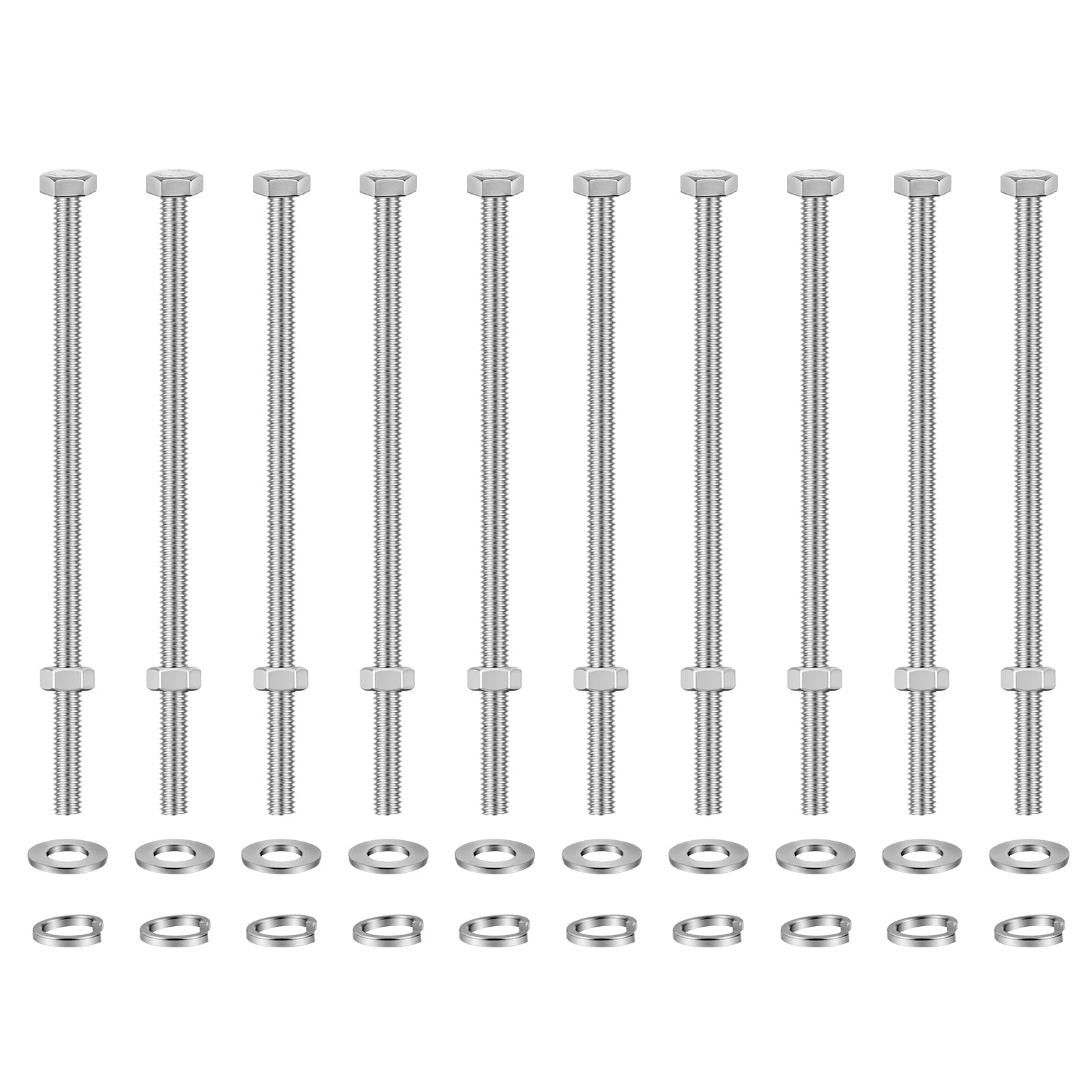 AOOSU M8 x 160mm 304 Stainless Steel Hex Head Through Wall Bolts, Fully Threaded Wall Anchor Screws with Nuts, Flat & Lock Washers, 10 Sets, Heavy Duty for Metal Construction, Machinery Use