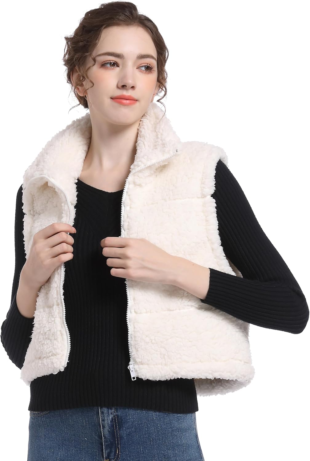 V VOCNI Womens Sherpa Fleece Vest Fuzzy Crop Vest Casual Sleeveless Jacket Zipper Waistcoat Outwear - Image 5