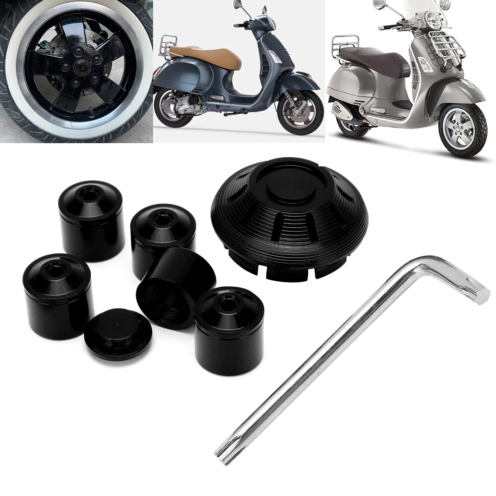 Dioche 6 Pezzi di Ricambio per Copertura Laterale della Ruota del Coprimozzo del Motociclo per GTS GTV 250 300 - Colore, Lega di Alluminio e Design Elegante (Un nero)