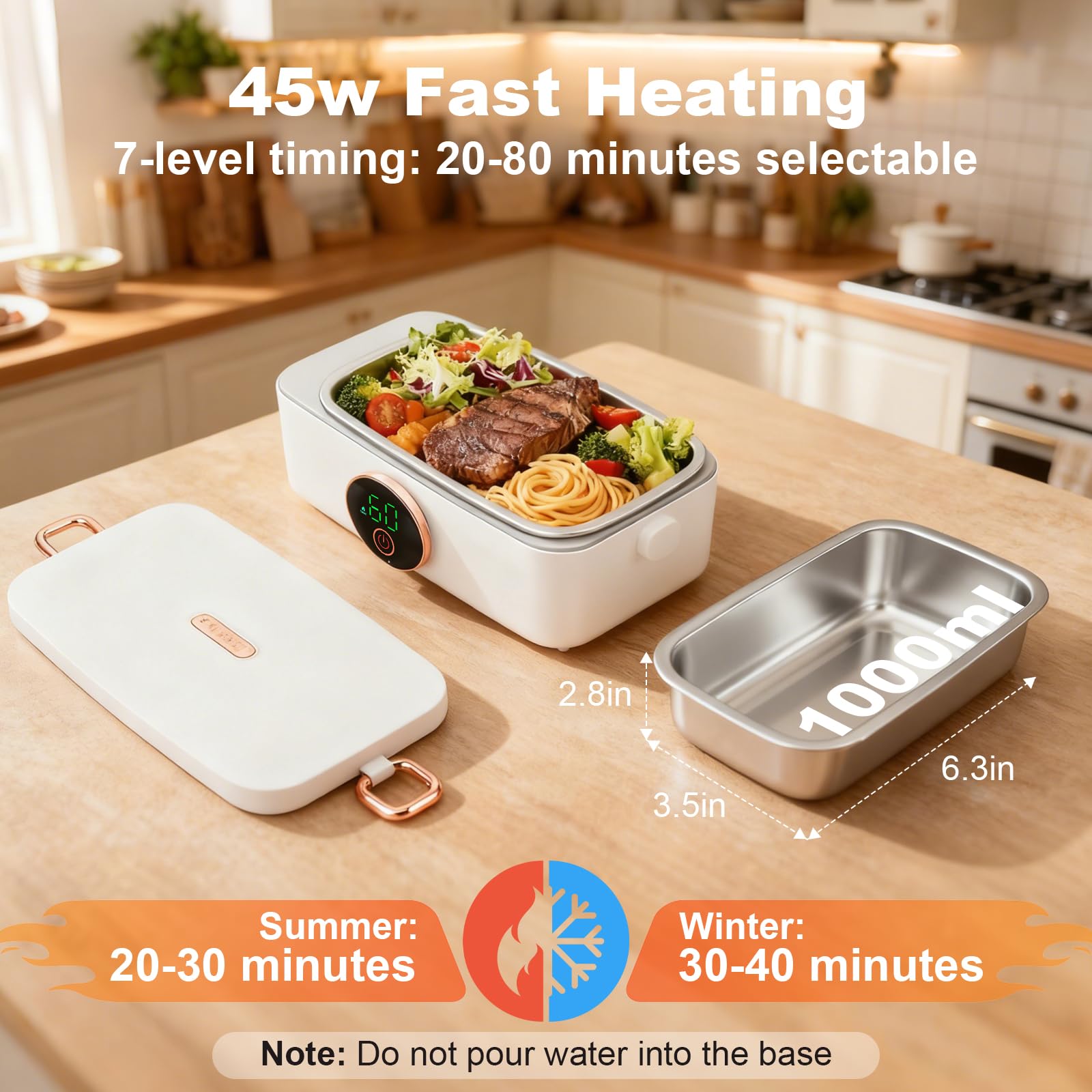 Fiambrera eléctrica con batería, portátil, inalámbrica, portátil, fiambrera, 1 L, extraíble, de acero inoxidable, aislado y autocalentador, 6 temperaturas y 6 temporizadores, para oficina, picnic