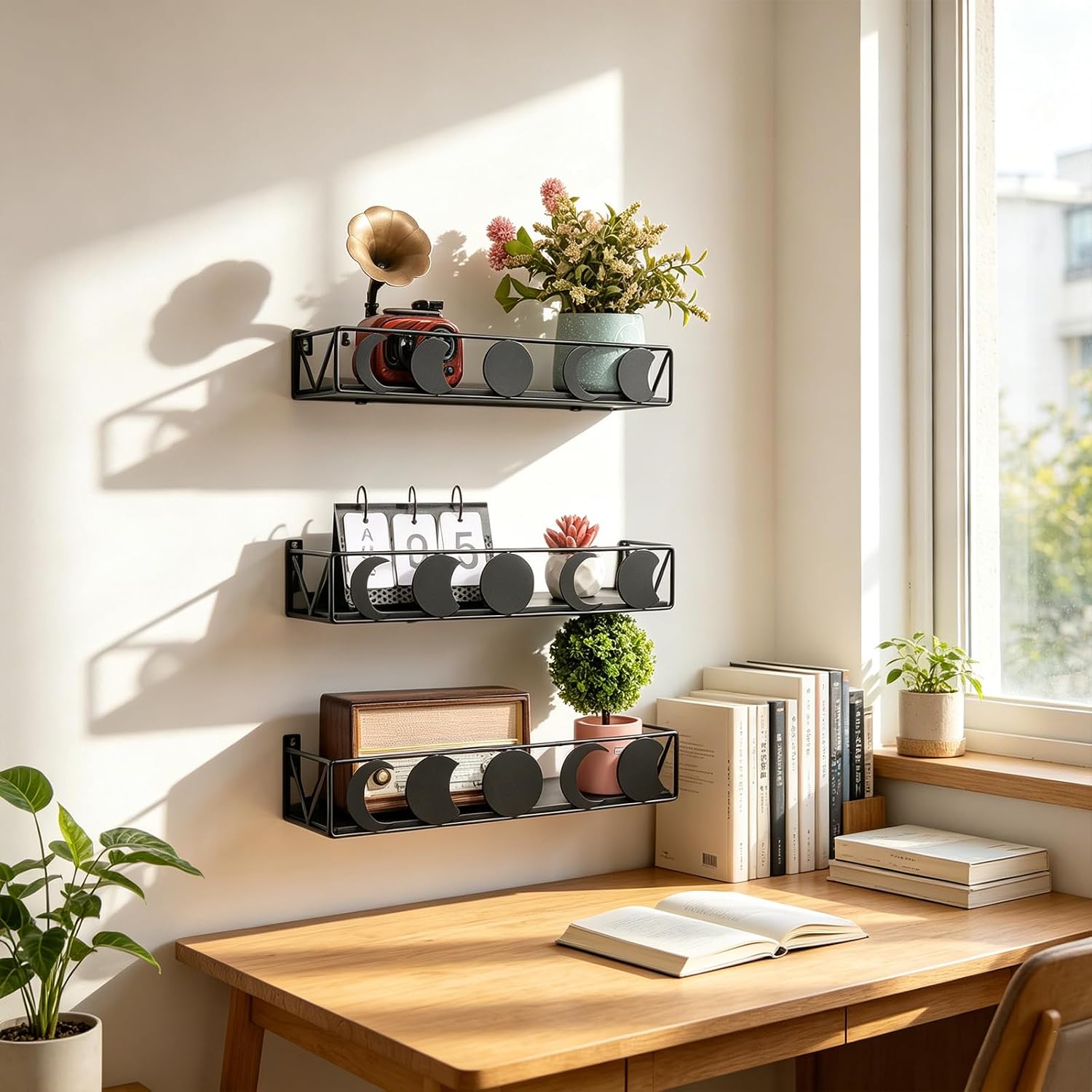 Floating Shelves,Set of 3 Different Sizes Home Wood Wall Shelf,Hanging Storage Shelf with Metal Frame,Rustic Wall Mounted Shelves for Bedroom,Living Room,Bathroom,Kitchen,Home Decor,Black