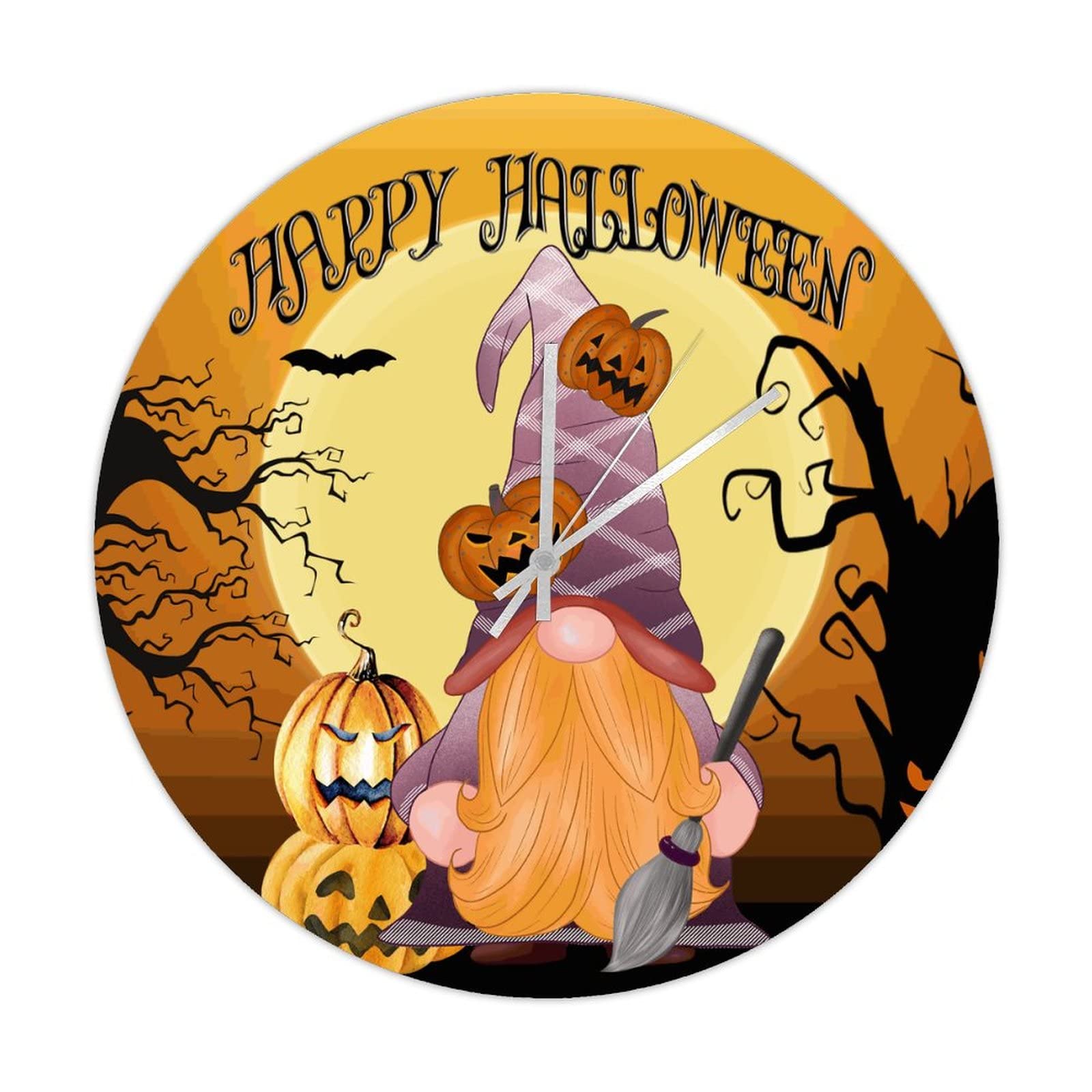 Horloge murale ronde en bois Halloween avec gnome et lune vintage silencieuse