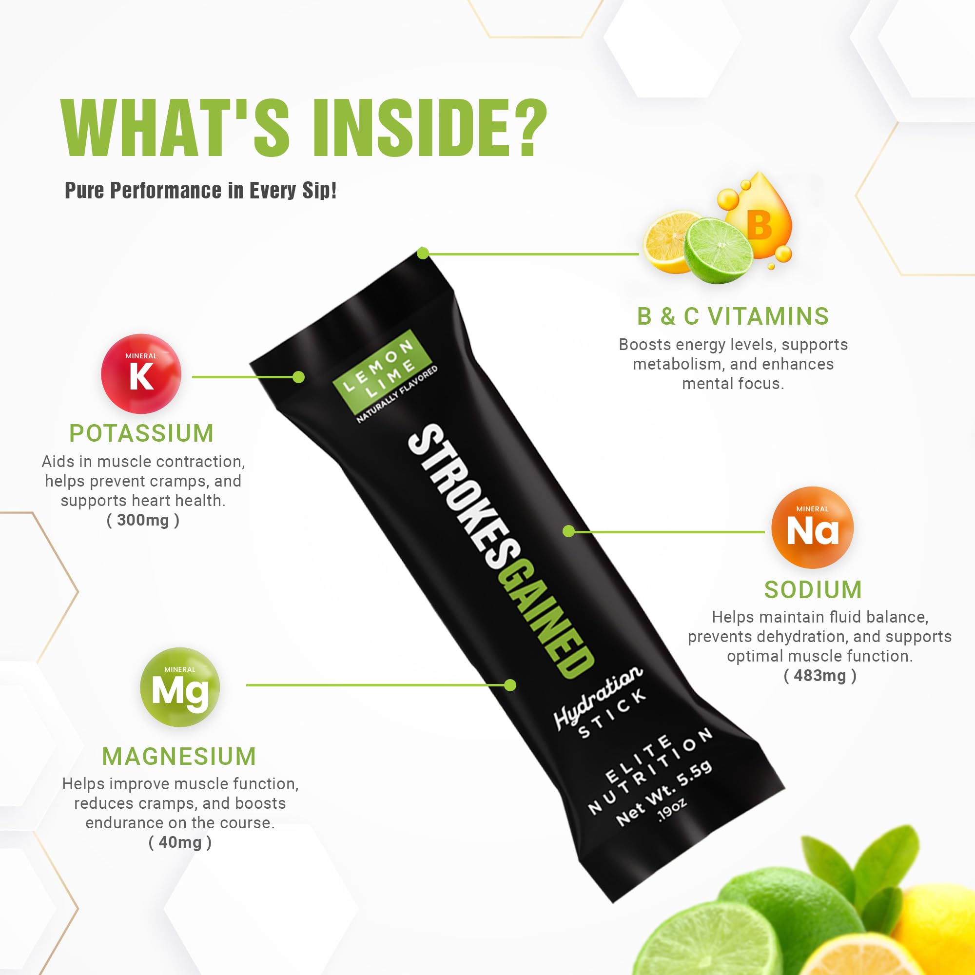 Strokes Gained Hydration Lemon Lime - Zero Sugar - Golf Electrolyte Mix - 20 Stick Packs