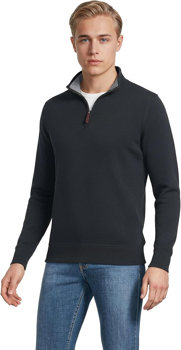 Suéter tipo jersey con cremallera de un cuarto para hombre | 60% algodón y 40% poliéster, punto de canalé francés, cuello en piezas, ajuste tradicional, informal de negocios, grande y alto