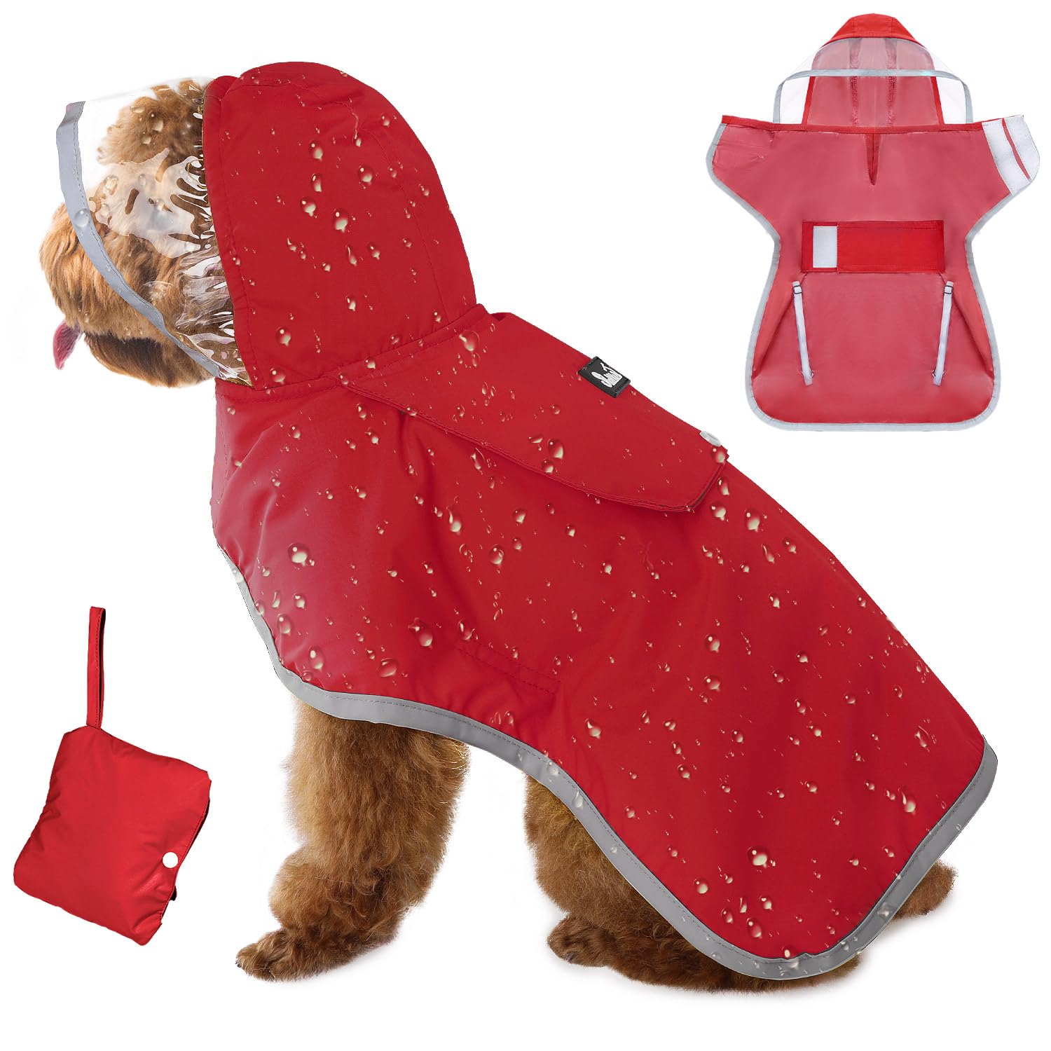 Eyein Dog Raincoat - Lightweight Portable Hooded Dog Rain Coat, Waterproof Rain Jacket with Reflective Stripes, Adjustable Sleeveless Dog Rain Poncho for Small Medium Large Dogs(Red,L)