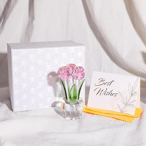 Miniatura 6 de Qianwei Figura de flores de tulipanes de cristal rosa con jarrón Ramo de flores de cristal, figuras coleccionables, decoración de cristal para