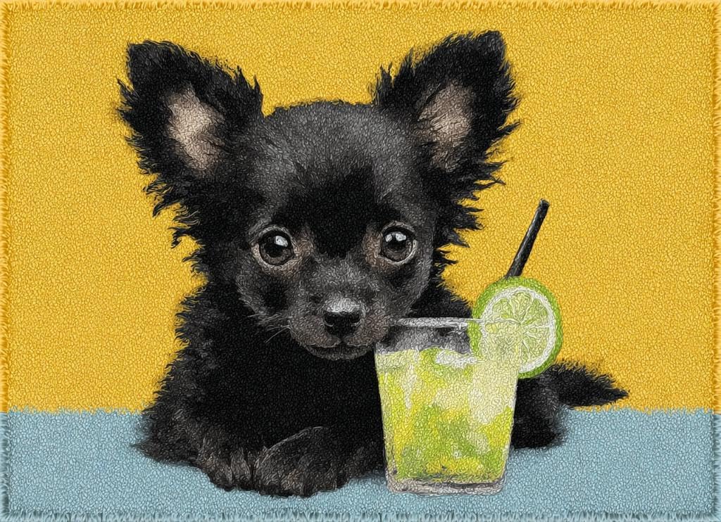 Latch Hook Rug Kit Black Chihuahua Dog Drink Juice Tapestry 52x38cm-2