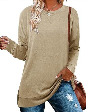 BETTE BOUTIK Women's Drop Long Sleeve Sweatshirts Casual Crewneck Tunic Tops Sweartshirts With Side Slits S-3XL