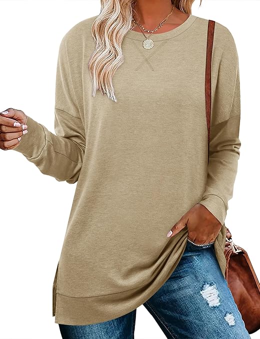 BETTE BOUTIK Women's Drop Long Sleeve Sweatshirts Casual Crewneck Tunic Tops Sweartshirts With Side Slits S-3XL
