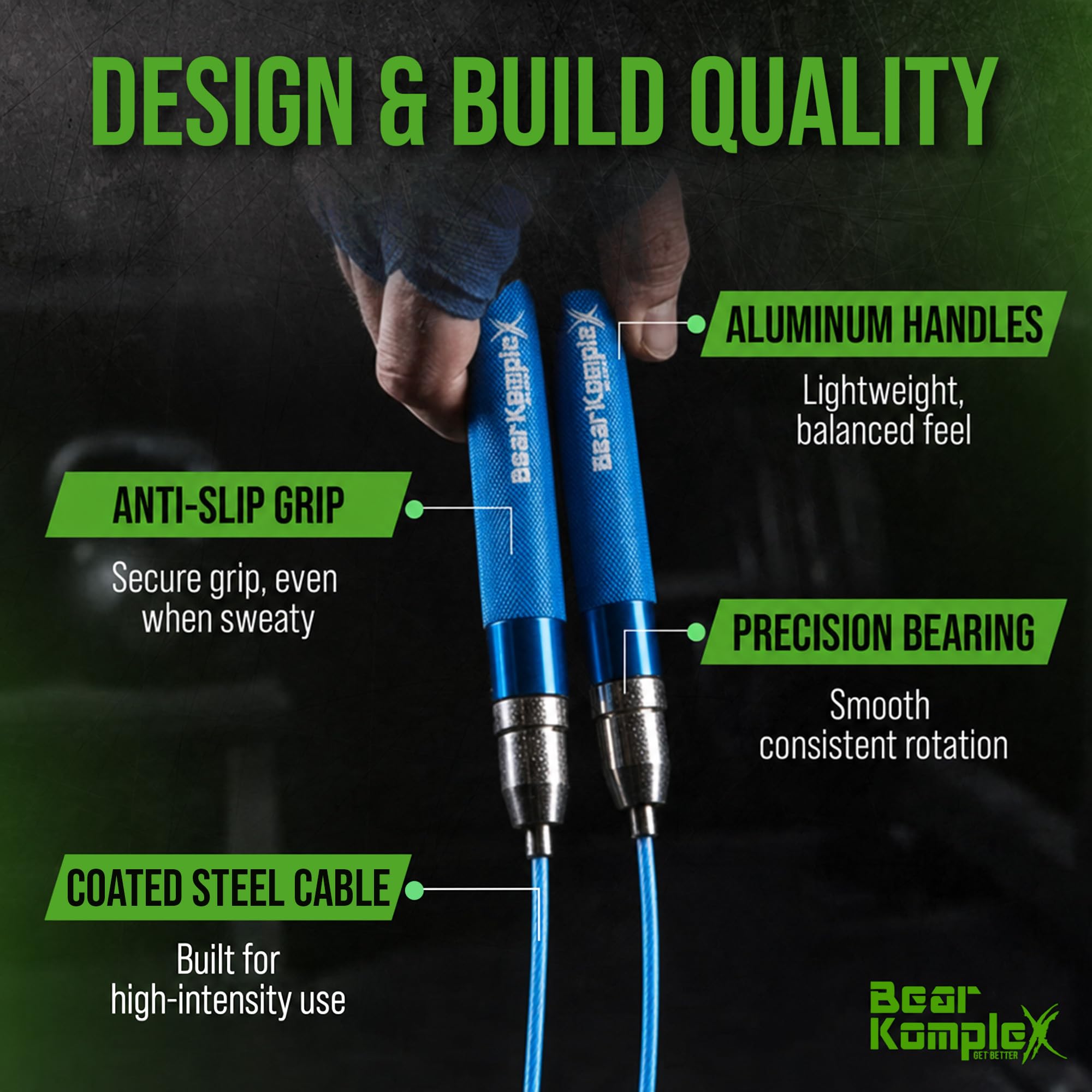 Bear KompleX La cuerda de saltar de velocidad HUMMER es ideal para crossfit, dobles, boxeo, fitness y acondicionamiento. Cable ligero y mango de aluminio fácilmente ajustable que te permiten dominar