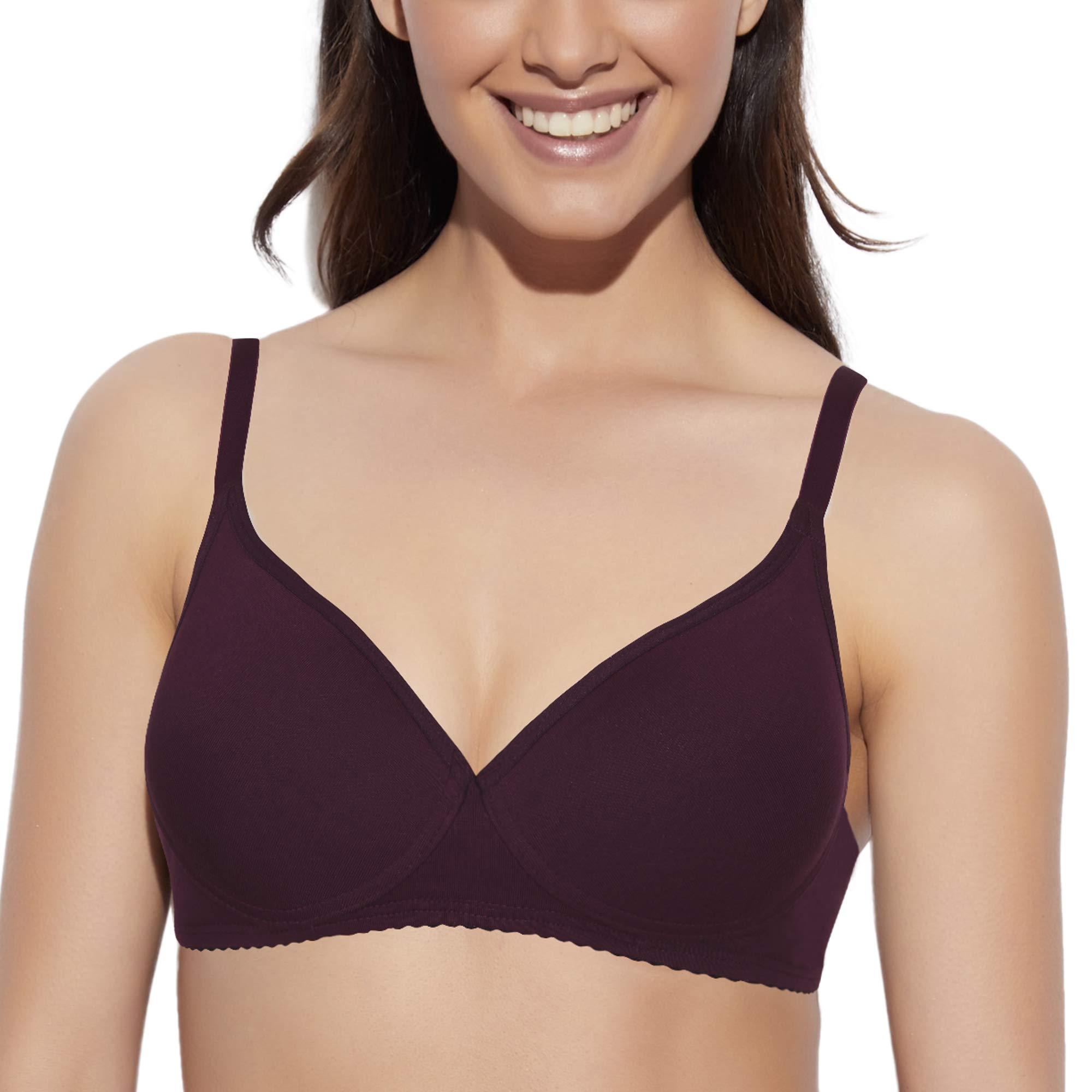 Enamor Women's Everyday Bra Supima Cotton Medium Support Padded Non-Wired Medium Coverage Deep Neck for Ideal Depth, Grape wine, 36B
