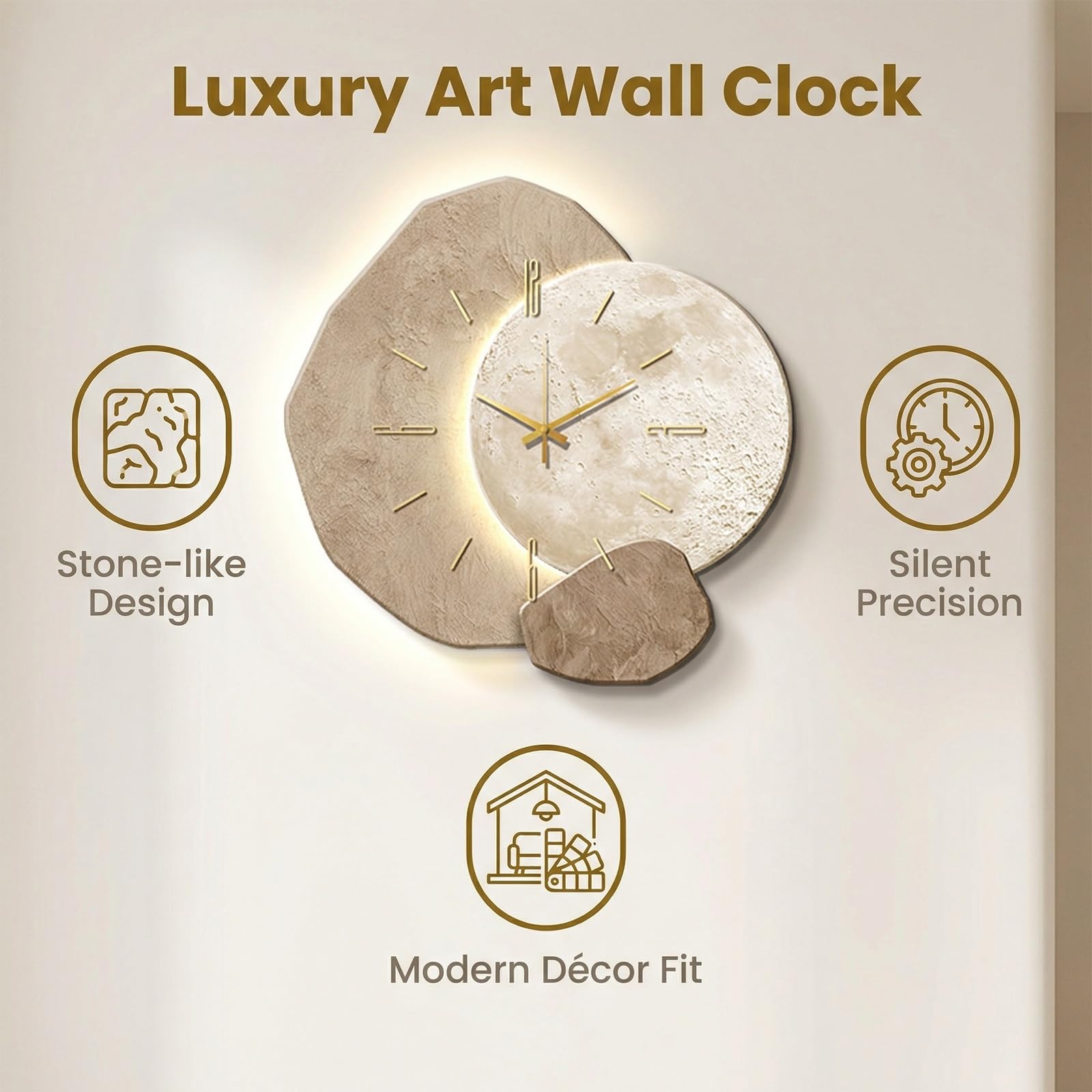 Orologio decorativo da parete 3D con luce a LED, orologio silenzioso decorativo moderno, grande scultura in pietra per soggiorno, design retroilluminato