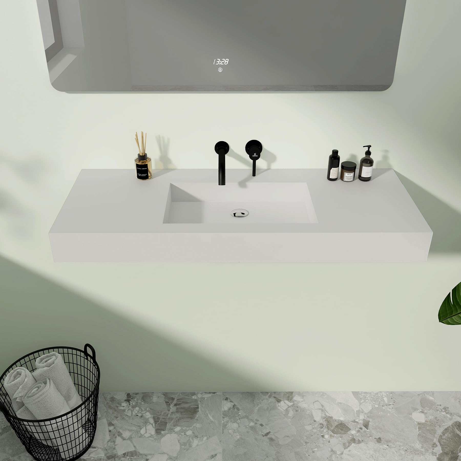 MEDUNJESS 47'' Wall Mount Bathroom Sink Matte Vanity Vessel Sinks for bathroom Stone Resin Floating or Countertop Freestanding Wall Hang Sink