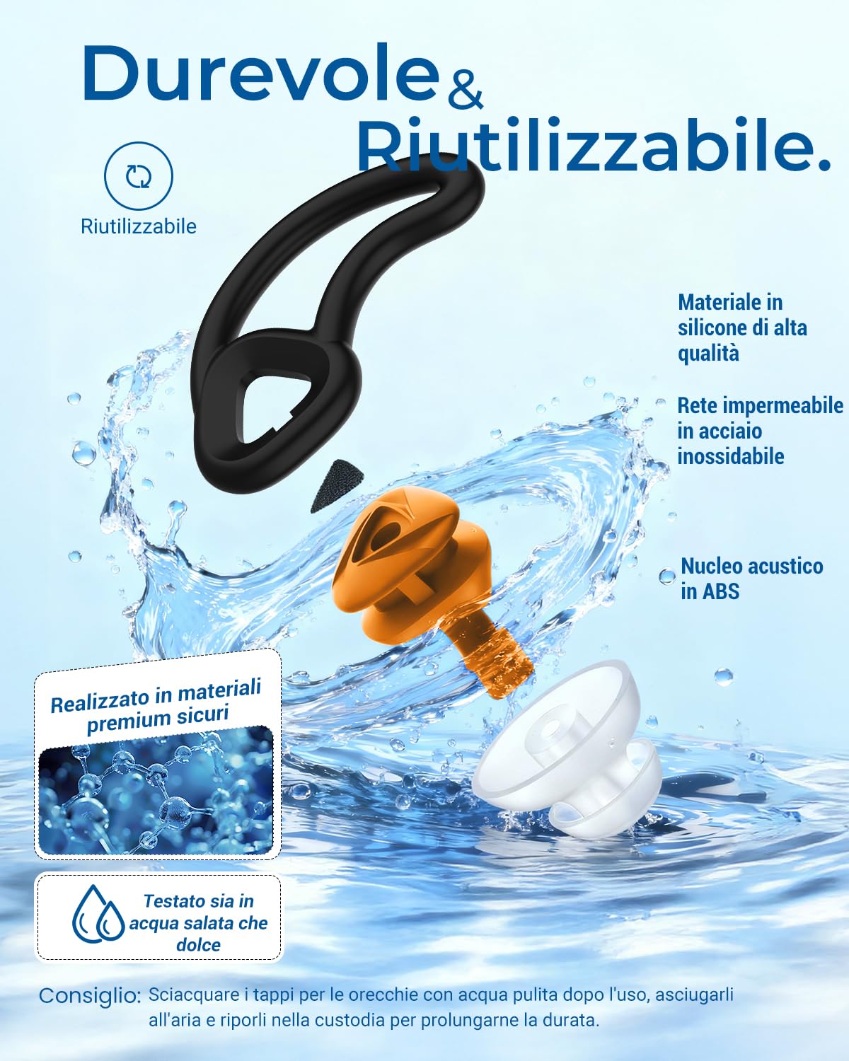 Hearprotek Tappi per orecchie da nuoto, 2 paia silicone riutilizzabile acqua tappi orecchie piscina-Impermeabili per nuotare Bagno Doccia surf (Arancione)