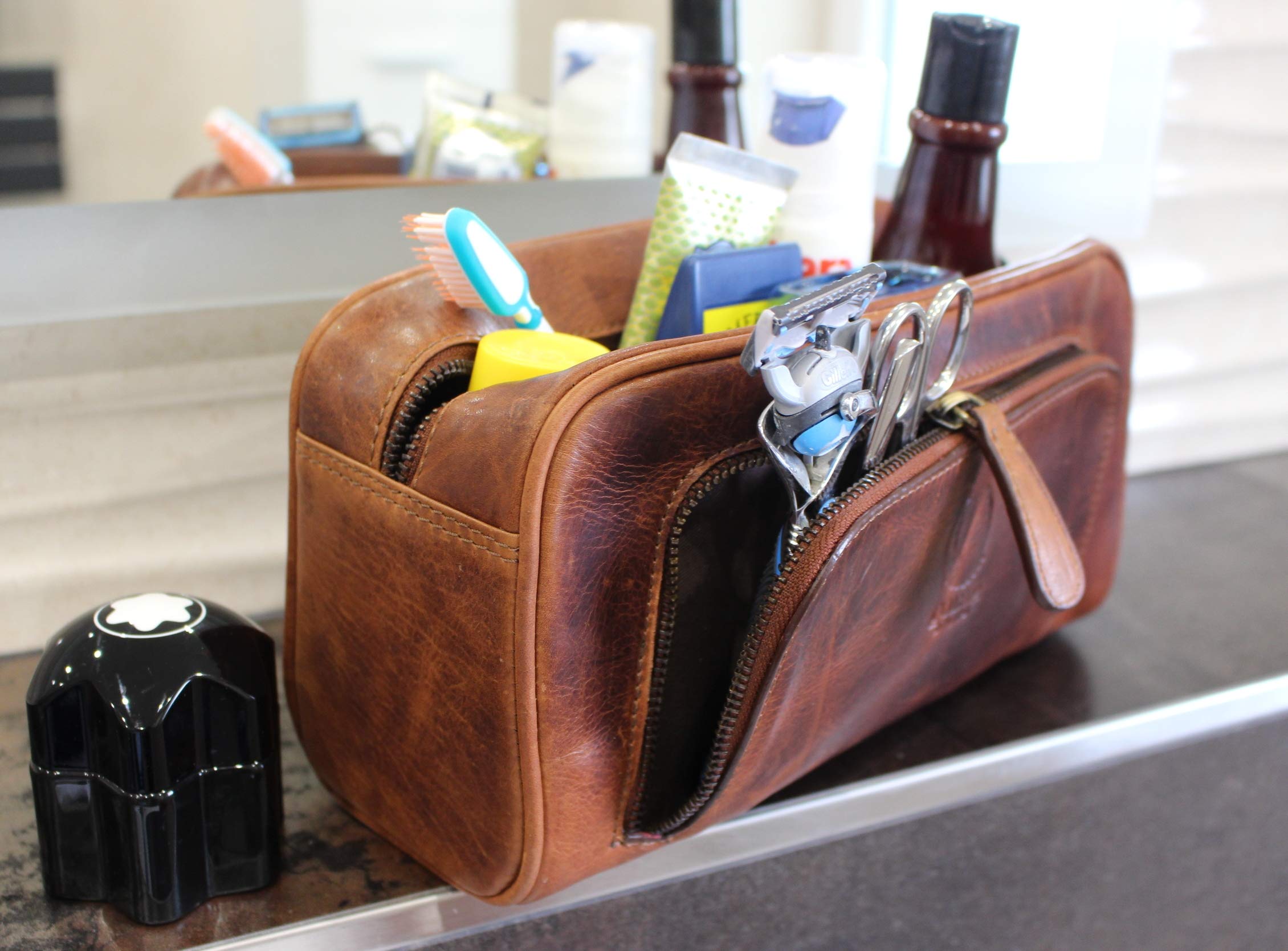 Corno d´Oro Beauty case da viaggio uomo in vera pelle, trousse per bagno toilette portaoggetti organizer marrone artigianale