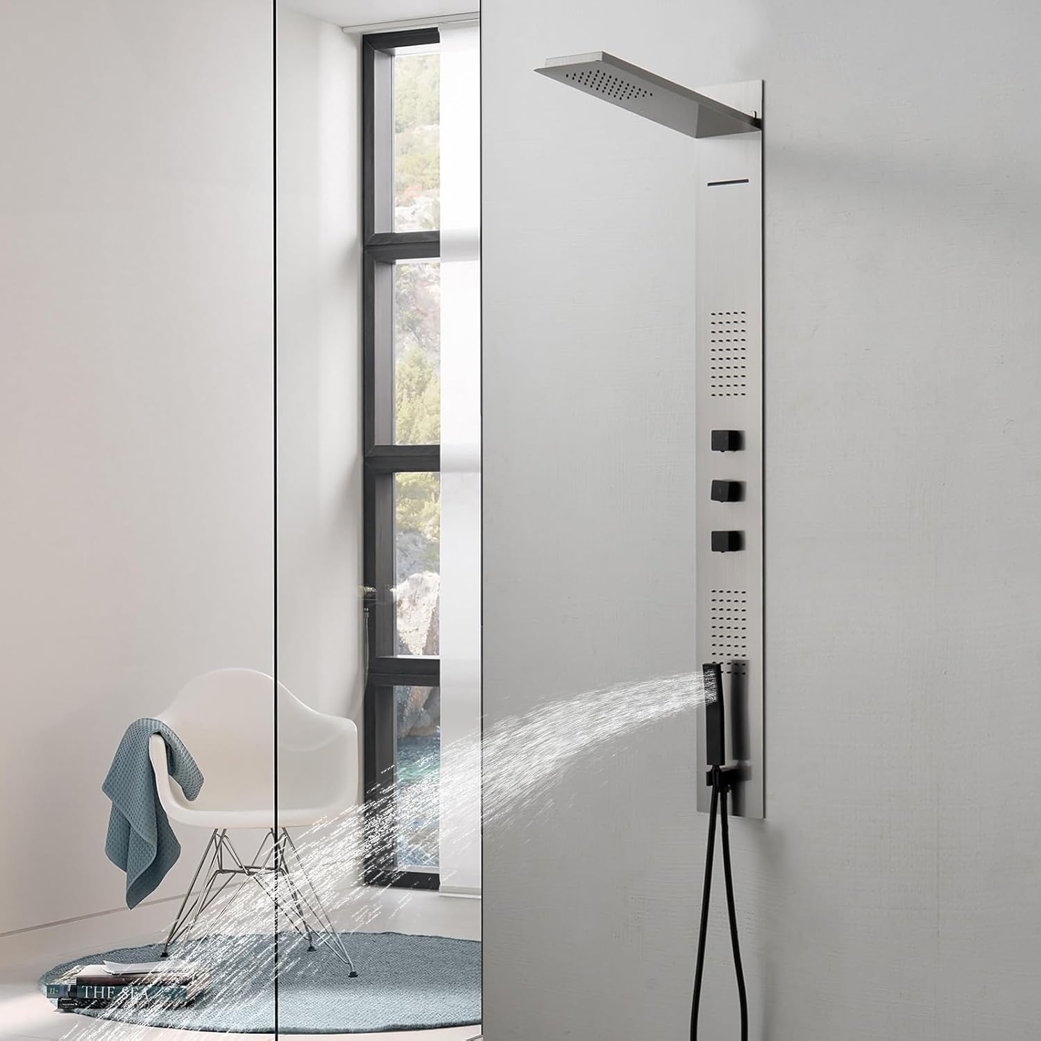 BWE Shower Panel with handheld shower head in operation