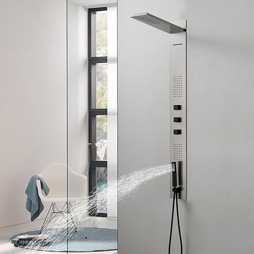 Miniatura 12 de BWE Sistema de torre de panel de ducha dorado pulido, sistema de ducha multifunción con chorros corporales, rociador de mano, cabezal de ducha