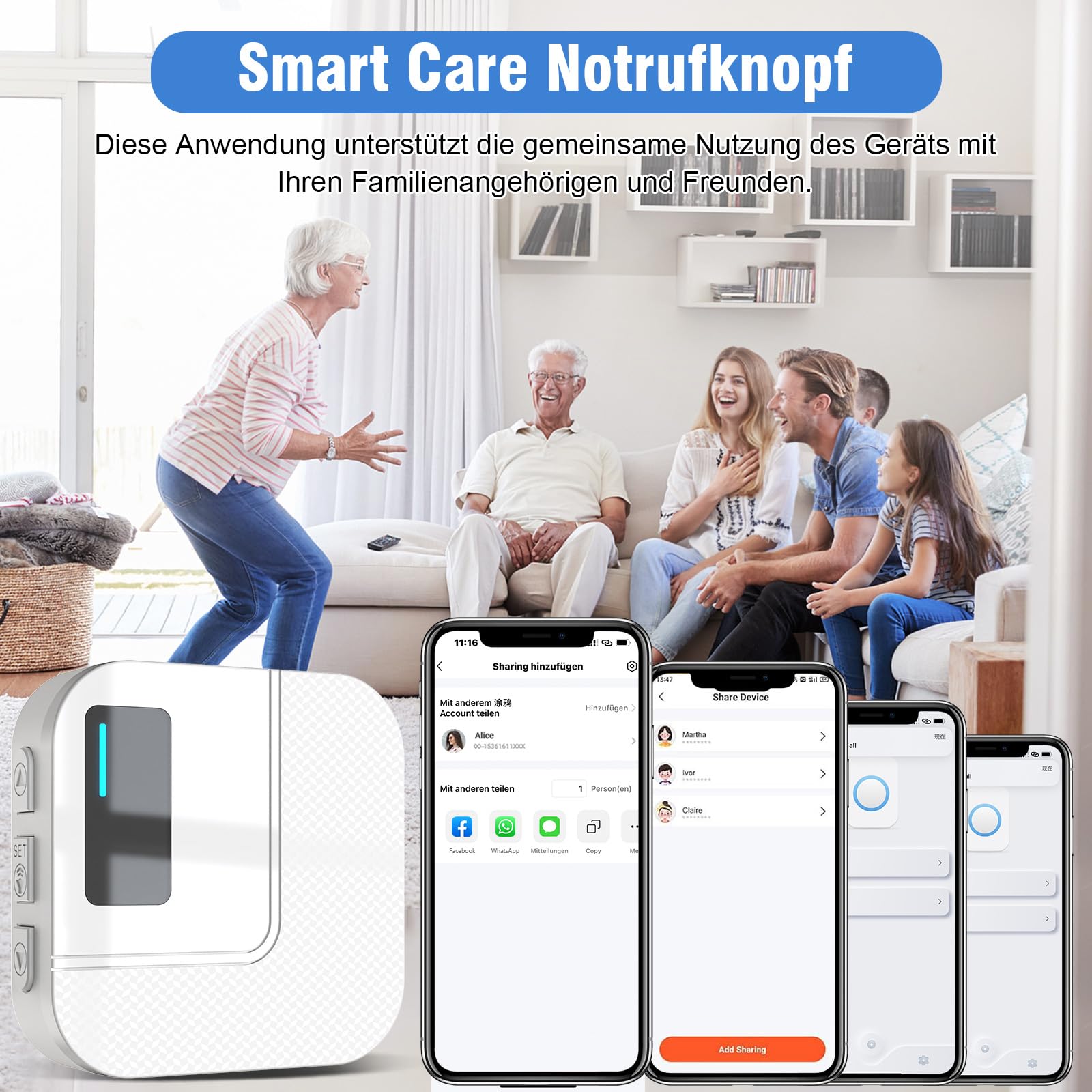 Daytech inteligentny alarm dla seniorów WiFi Tuya, przycisk ratujący życie, dla osób, które potrzebują pomocy w domu (2 odbiorniki + 2 przyciski + 1 bransoletka)