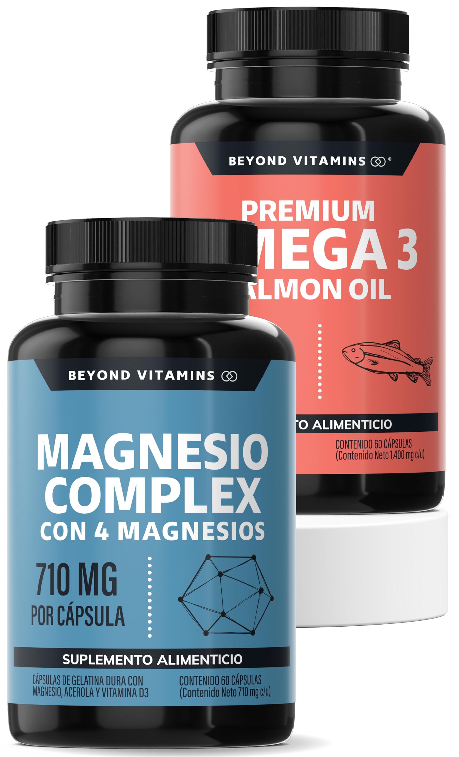 Kit Omega 3 Salmon Oil 60 Caps + Magnesio Complex 60 caps | Aceite de Pescado EPA DHA + 4 Magnesios (Citrato, Glicinato, Gluconato y Óxido de Magnesio) | Beyond Vitamins