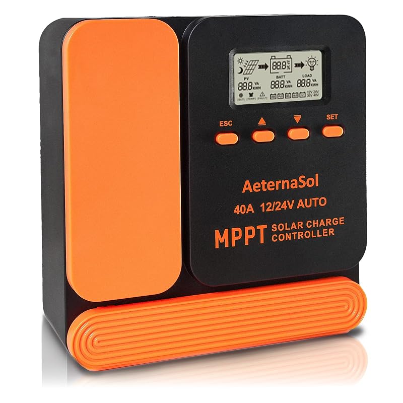 Controlador de Carga Solar MPPT 40 A, 12 V/24 V com Display LCD e 2 Portas USB AeternaSol SEA246 Laranja