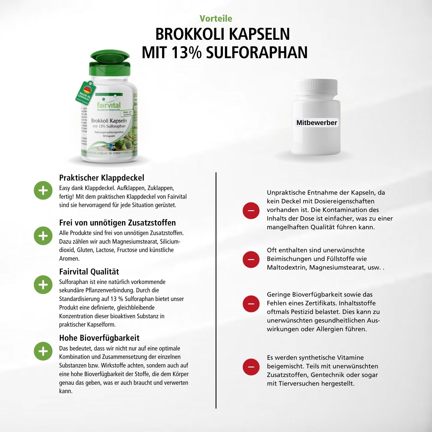 fairvital Brokkoli Kapseln, 90 Kapseln, 1000mg Brokkoli Extrakt & 130mg Sulforaphan pro Tagesdosis, qualitätsgeprüft und hochdosiert, 100% vegan, Made in Germany
