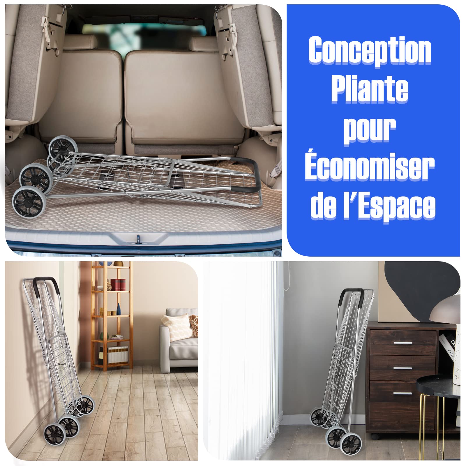 GYMAX Chariot de Courses Pliable, Caddie de Courses à roulettes, Capacité 83L, avec Poignée en Mousse, Pratique pour Provisions/Shopping/Supermarché（M）