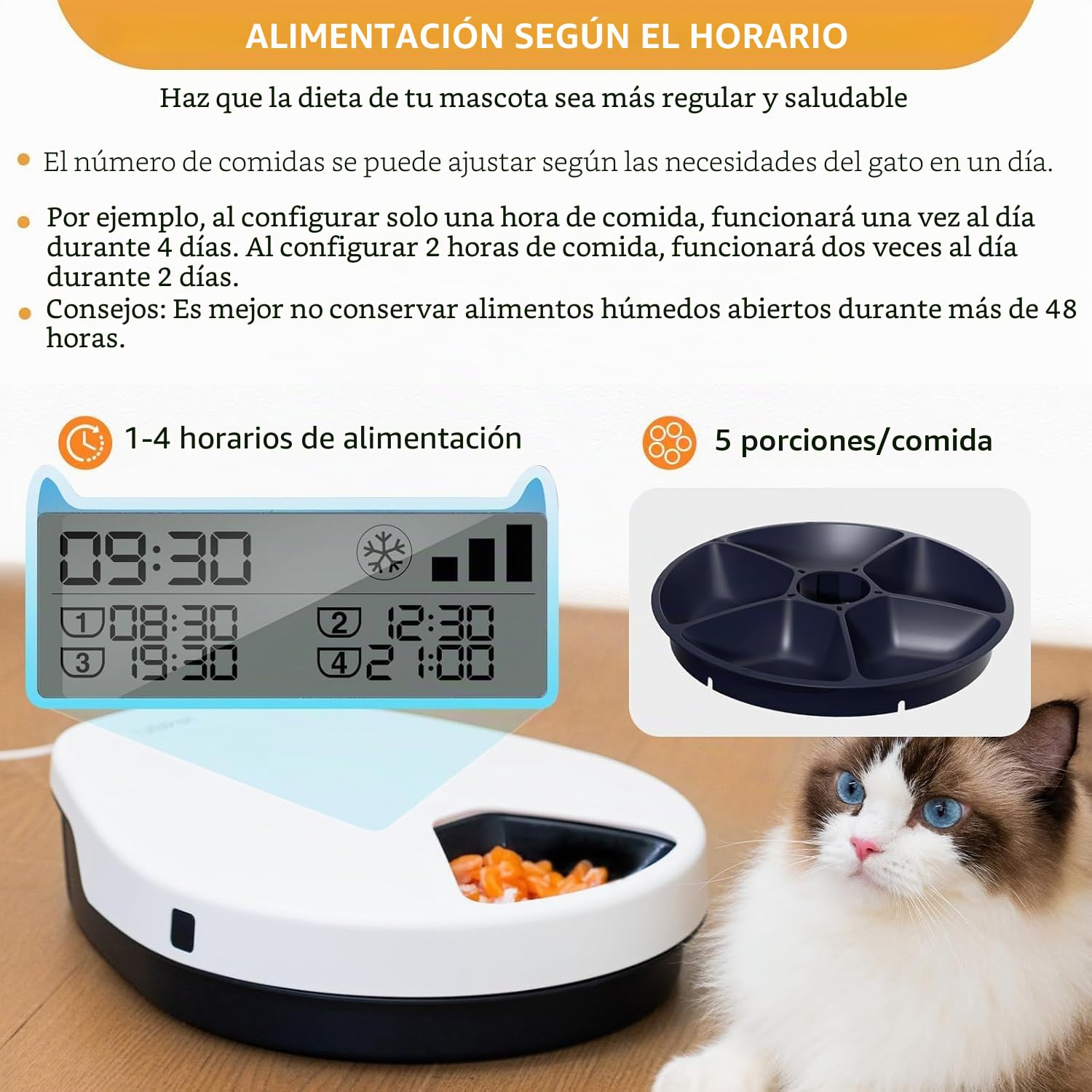 Alimentador automático de Comida húmeda para Gatos con refrigeración, refrigeración semiconductora, con Temporizador, 5 Compartimentos para Alimentos para Mascotas de 330 g Cada uno, Platos de Comida