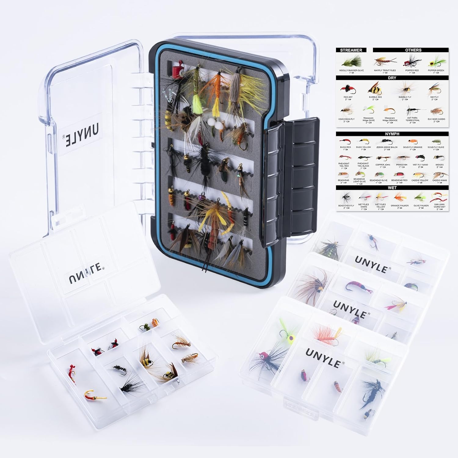 Fly Fishing Flies Kit, 54pcs Dry Wet Flies Streamers Nymphs with Wooden Fly Box, Bass Trout Steelhead Salmon Lures Set Assortment Kit, Gifts for Men
