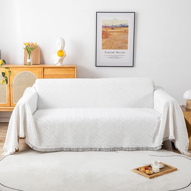 LHGOGO Throws for Sofas Large 2 Seater Sofa Throw Blanket Reversible Versatile Jacquard Woven Blanket Throw for Sofa, Bed, Couch and Armchair, 180x230cm - White