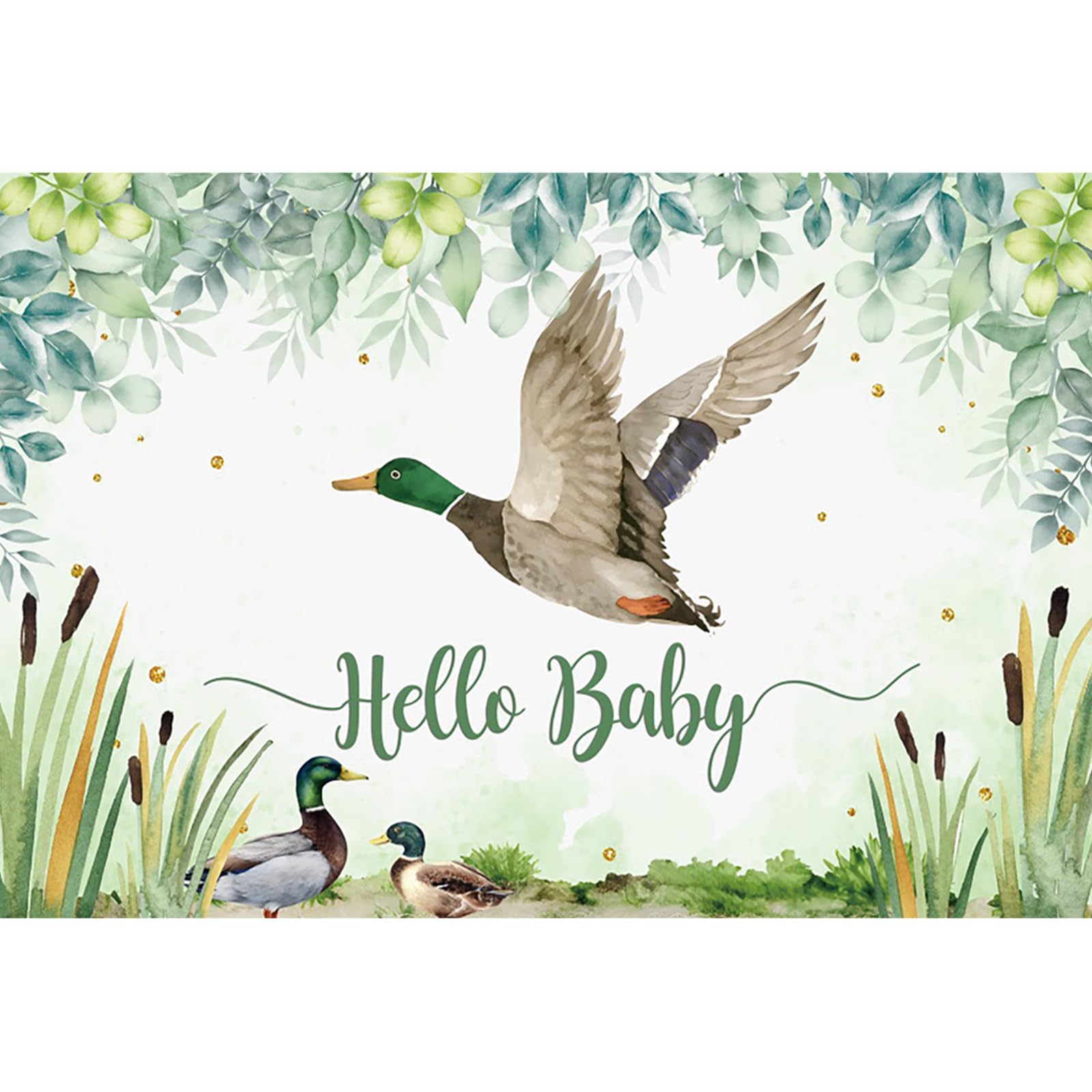 7x5ft Baby Shower Backdrop Hello Baby Mallard Duck Photography Background Green Water Meadow Plants Kids Gender Reveal Newborn Party Photo Booth Props