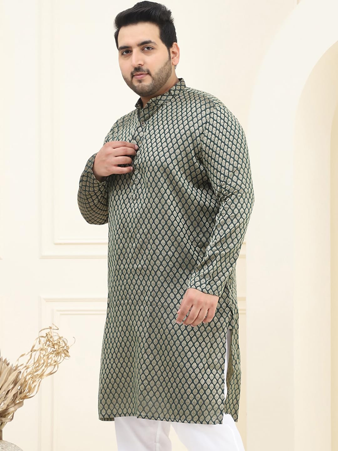 Sojanya Plus (Since 1958) Men's Silk Blend Dark Green Self Design Only Long Kurta