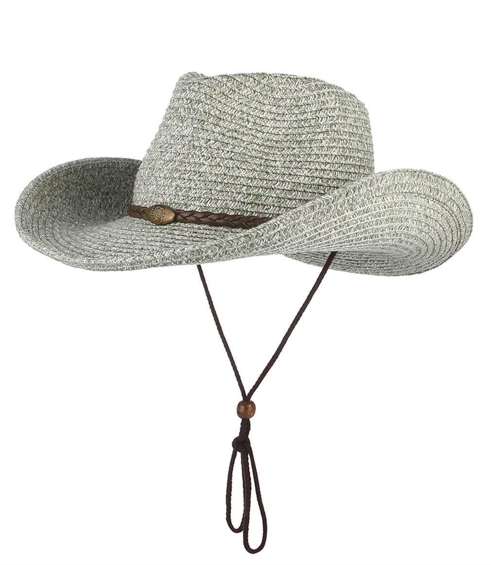 GEMVIE Sombrero de vaquero de verano para mujer, sombrero de vaquero de paja occidental con cuerda resistente al viento, sombrero de paja para playa al aire libre