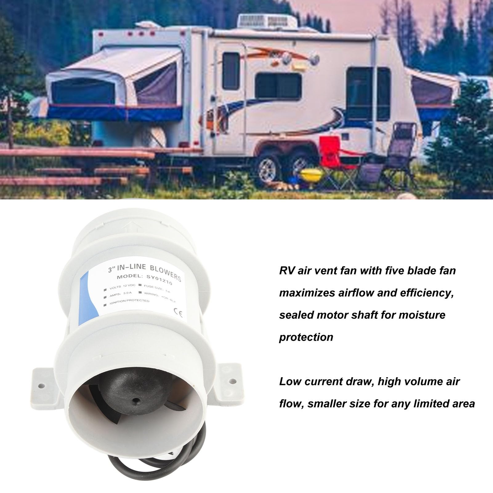 flexman 3 12V Silent Inline Blower, 3.0A Marine Bilge Air Blower with Five Blade Fan, Marine Cabin Engine Ventilation Blower for Yachts