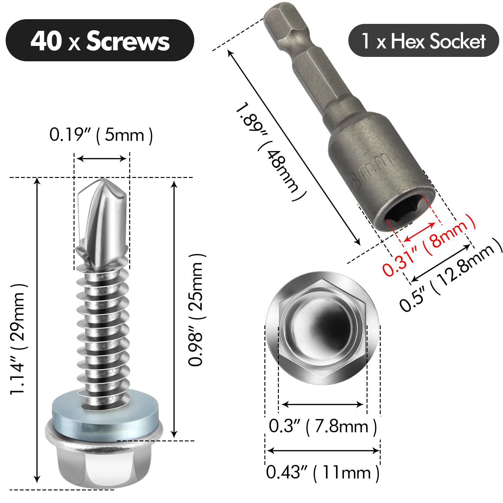 Poeland 40 sztuk wkrętów do blachy stalowej 5,5 x 25 mm, z uszczelką, wkręty do blachy trapezowej, sześciokątne, wkręty samowiercące do blachy dachowej, blachy trapezowej, stali, drewna z 1 kluczem