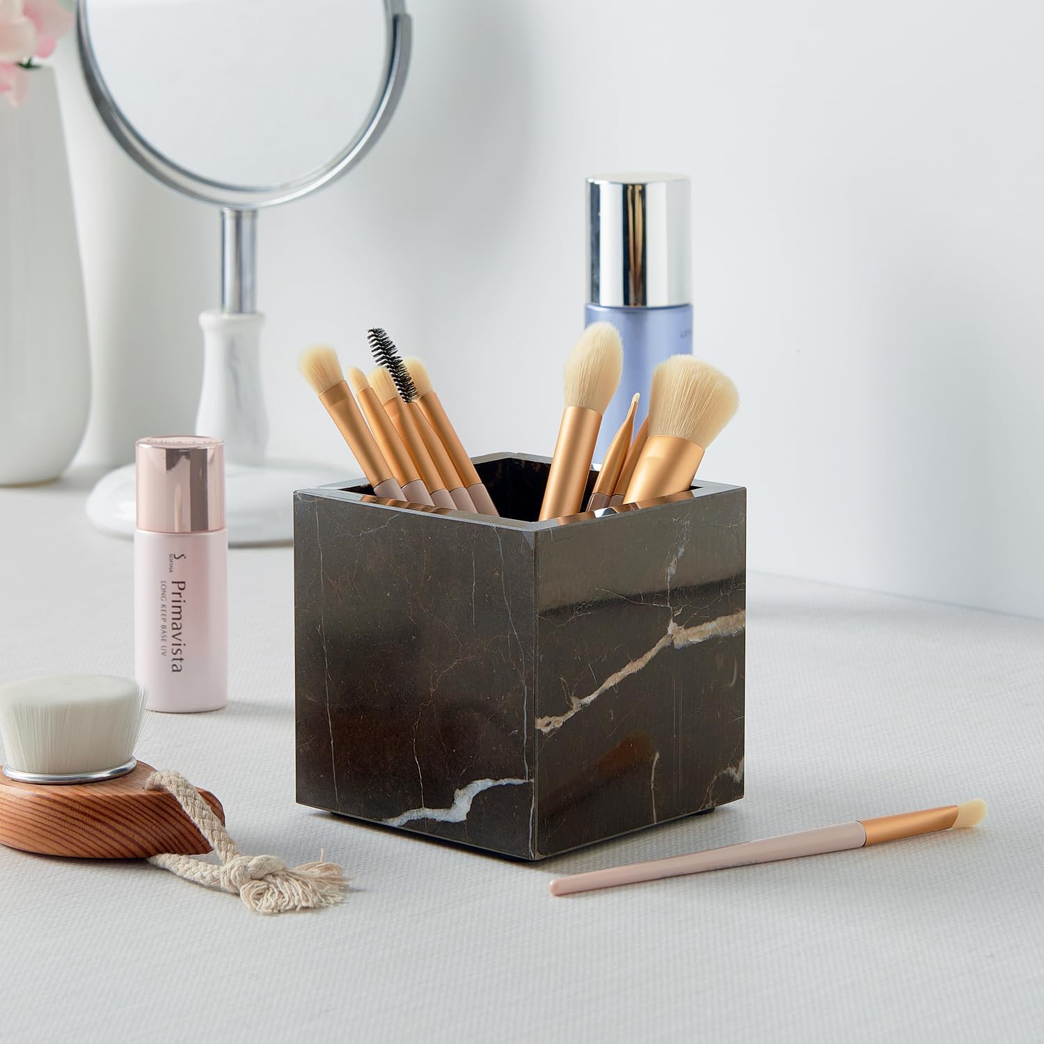 Brown Marble Tray & Brown Marble Toothbrush Holder Set - Modern Bathroom Organizer