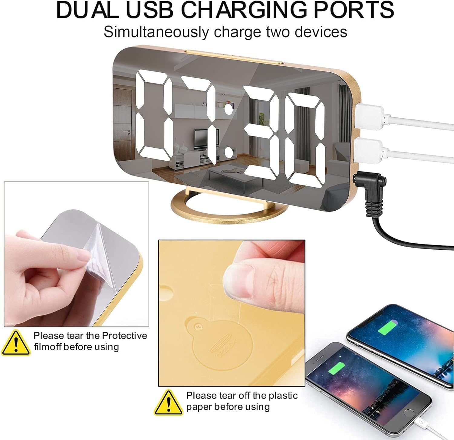 Digital Alarm Clock Set 2, LED and Mirror Digital Large Display with Dual USB Charger Ports | Auto Dimmer Mode | Easy Snooze Function, Modern Desk Wall Clock for Bedroom Home Office (Black+ Gold)