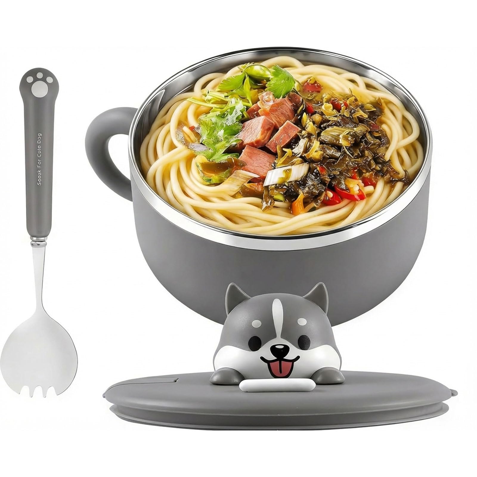 1200ml Ramen Bowls Stainless Steel Noodle Bowl with Lid and Spork, Speedy Soup Bowl with Handles Cute Salad Bowls Heat Resistant Instant Serving Noodle Cooker Pasta Bowl for Office, Home, Dorm