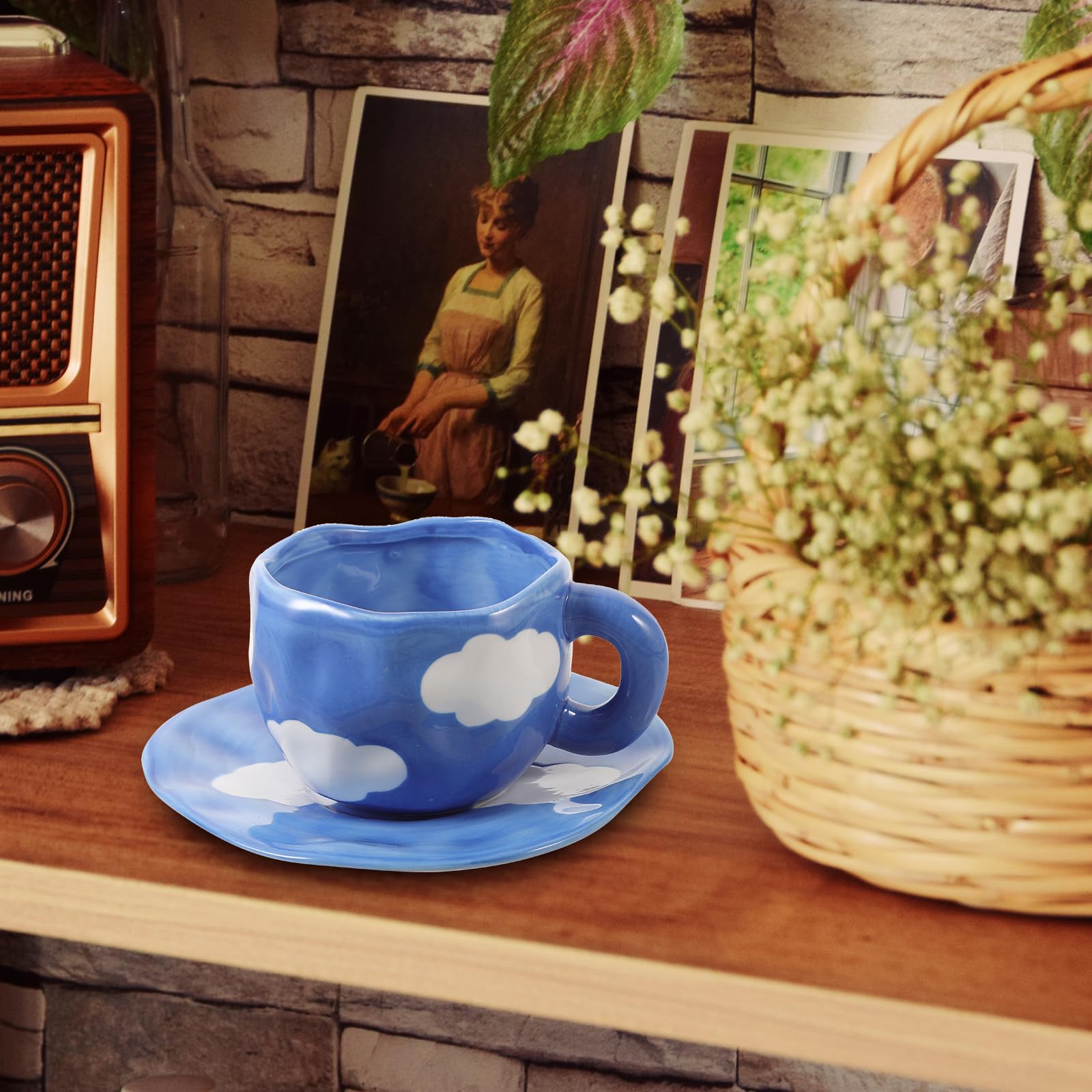 TOPBATHY Taza de Desayuno de Cerámica Azul 201-300ml, Juego 1 | Café y Té, Uso en Oficina o Cafetería, Diseño Sencillo Líneas Bonitas, Uso Versátil