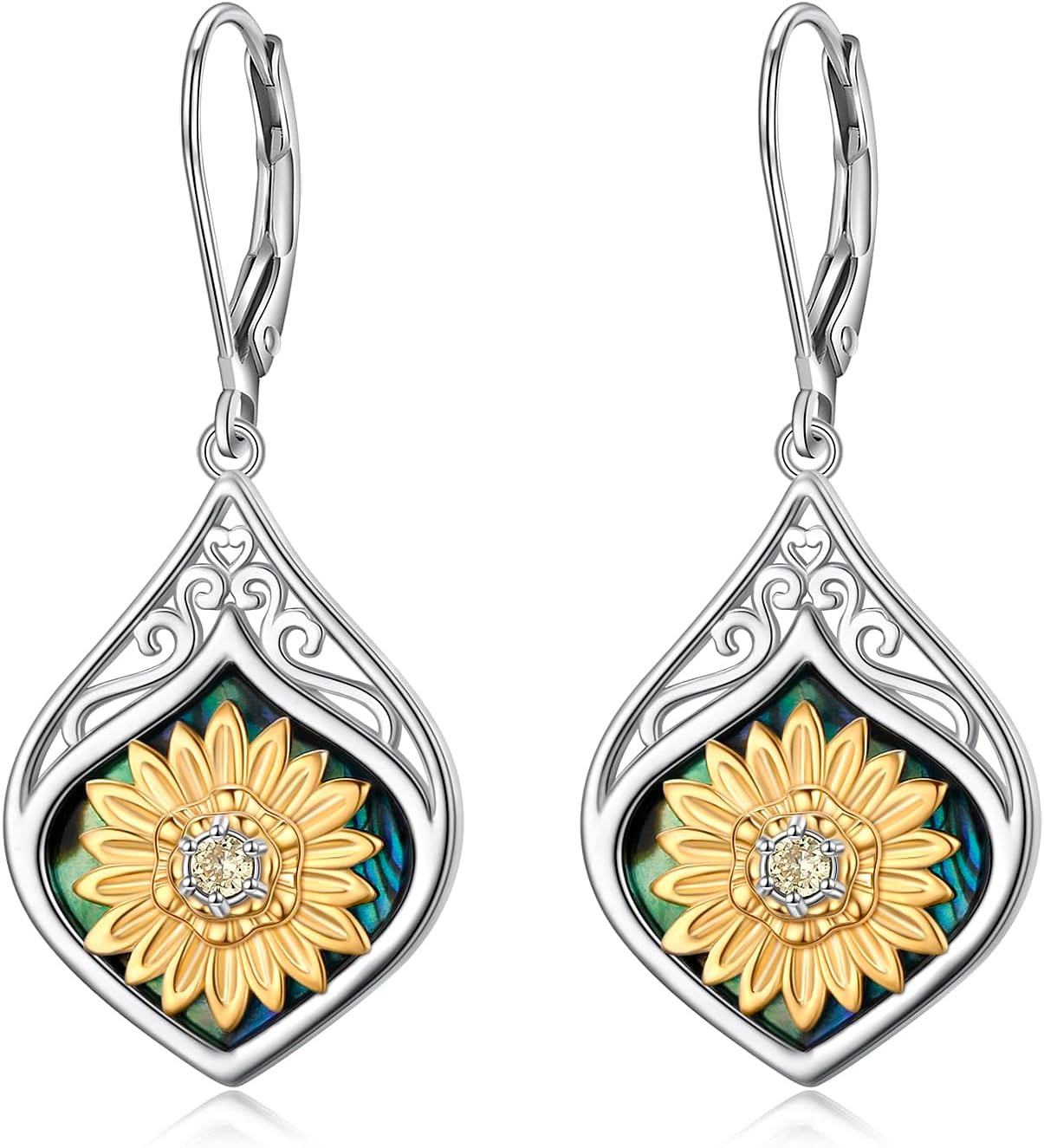 925 Sterling Silver Sunflower Earrings Abalone Shell Sunflower Filigree Dangle Drop Earrings Bohemia Jewelry Gift for Women Mother