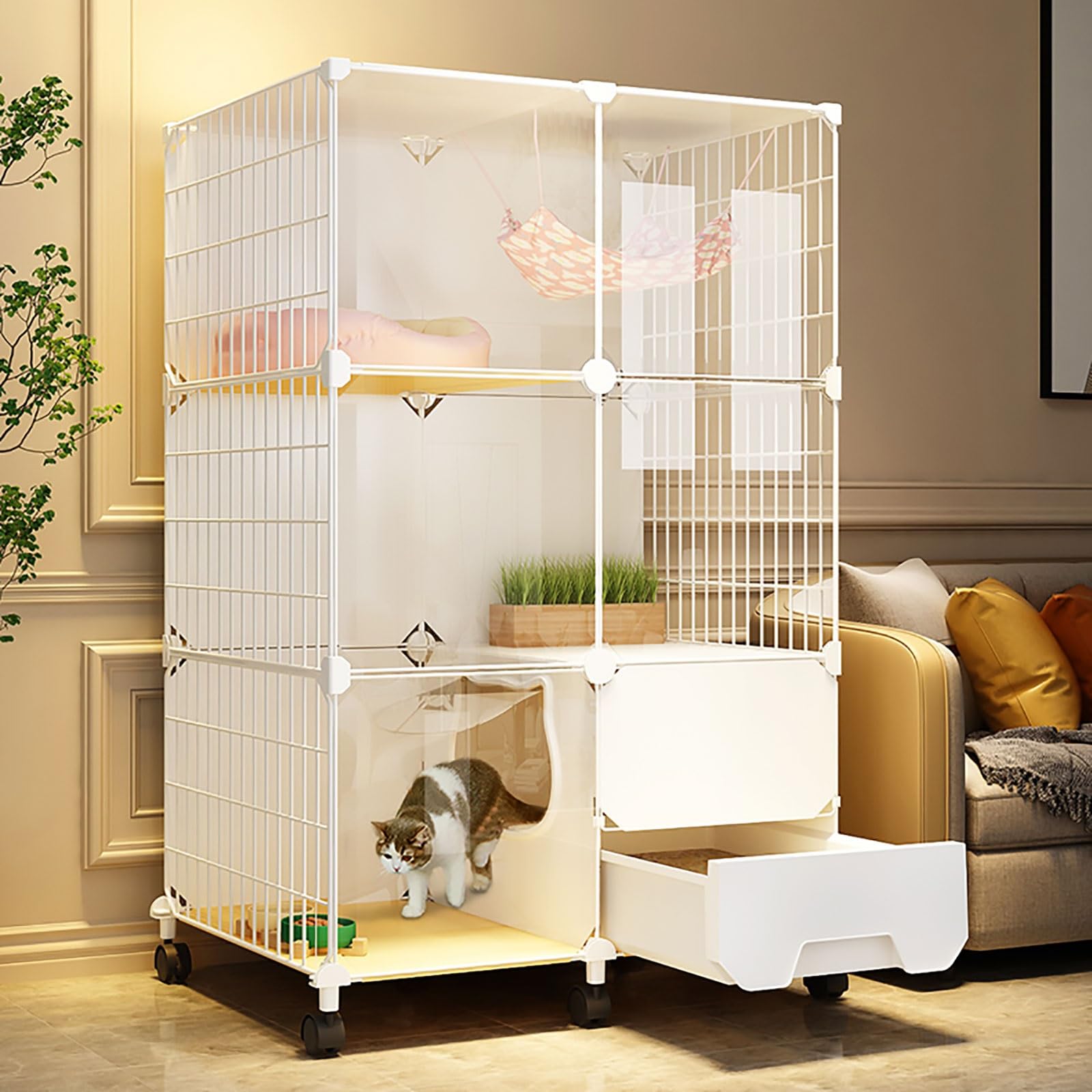 asdchZen Indoor Cat Cage Playpen,Semi-Enclosed Detachable Cat Crate Cat Enclosure Small Animal Cage With Ladder/Litter Box/Cat Nest/Cat Bowl,Large Exercise Place,With Wheels-77x47x112cm