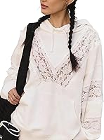TIQOJE Women's Lace Eyelet Pullover Hoodie Sweatshirt with Ruffle Trim, Long Batwing Sleeves & Kangaroo Pocket