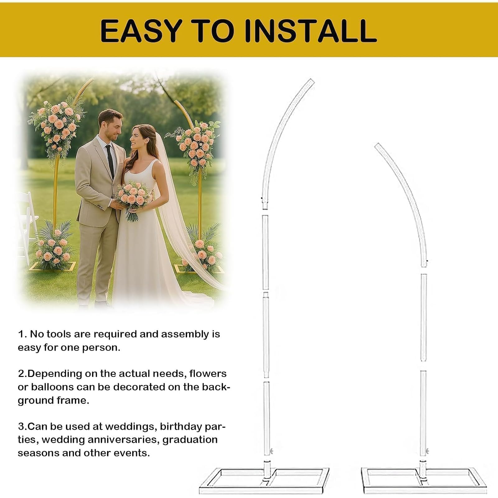 Metall Ballonbogen Ständer, Hochzeitsbogen Hintergrund Ständer Set, Halbrunder Goldener Ständer Geeignet für Geburtstage, Hochzeiten, Babytaufen und Alle Arten Von Feierlichkeiten(204cm & 241cm)