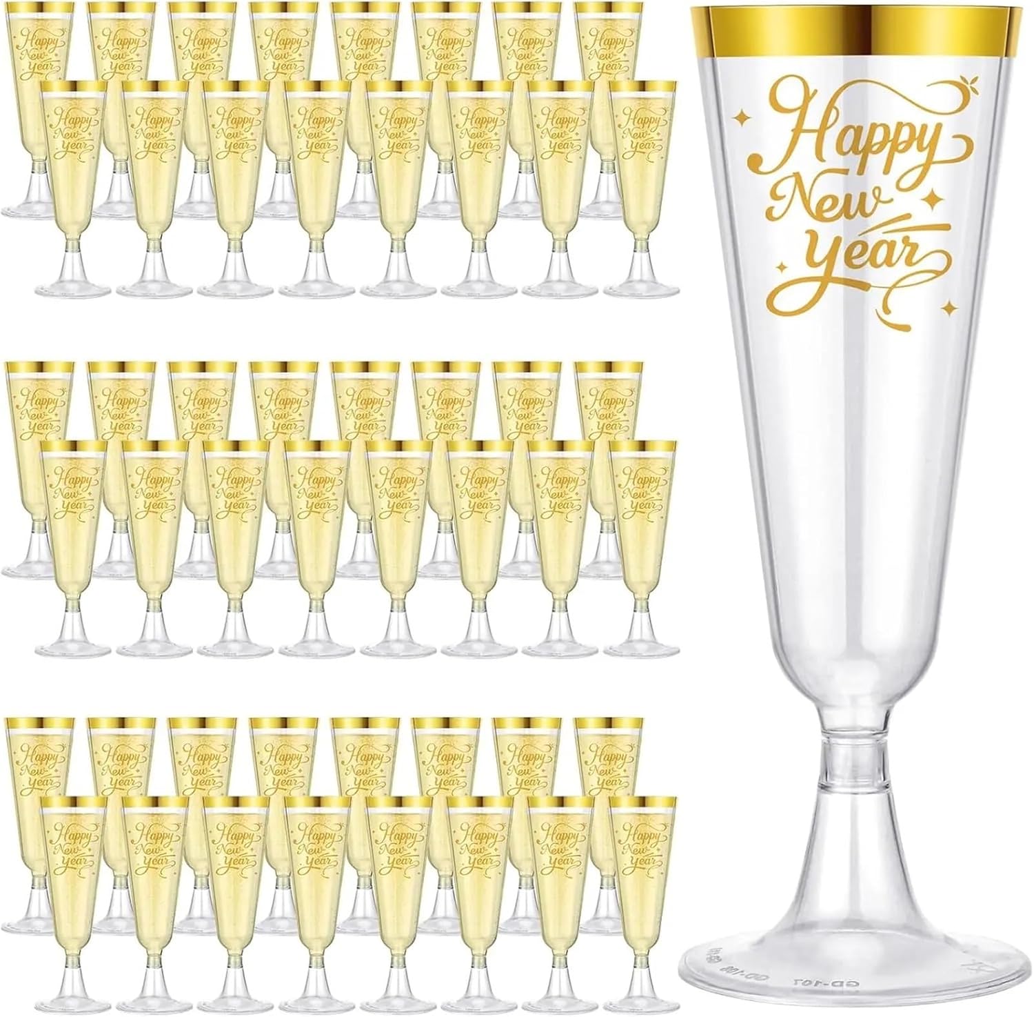 Plastic Champagne Flutes Disposable 48 Pack 2026 Happy New Year Gold Rim Plastic Champagne Flutes 5oz Disposable Party Cups
