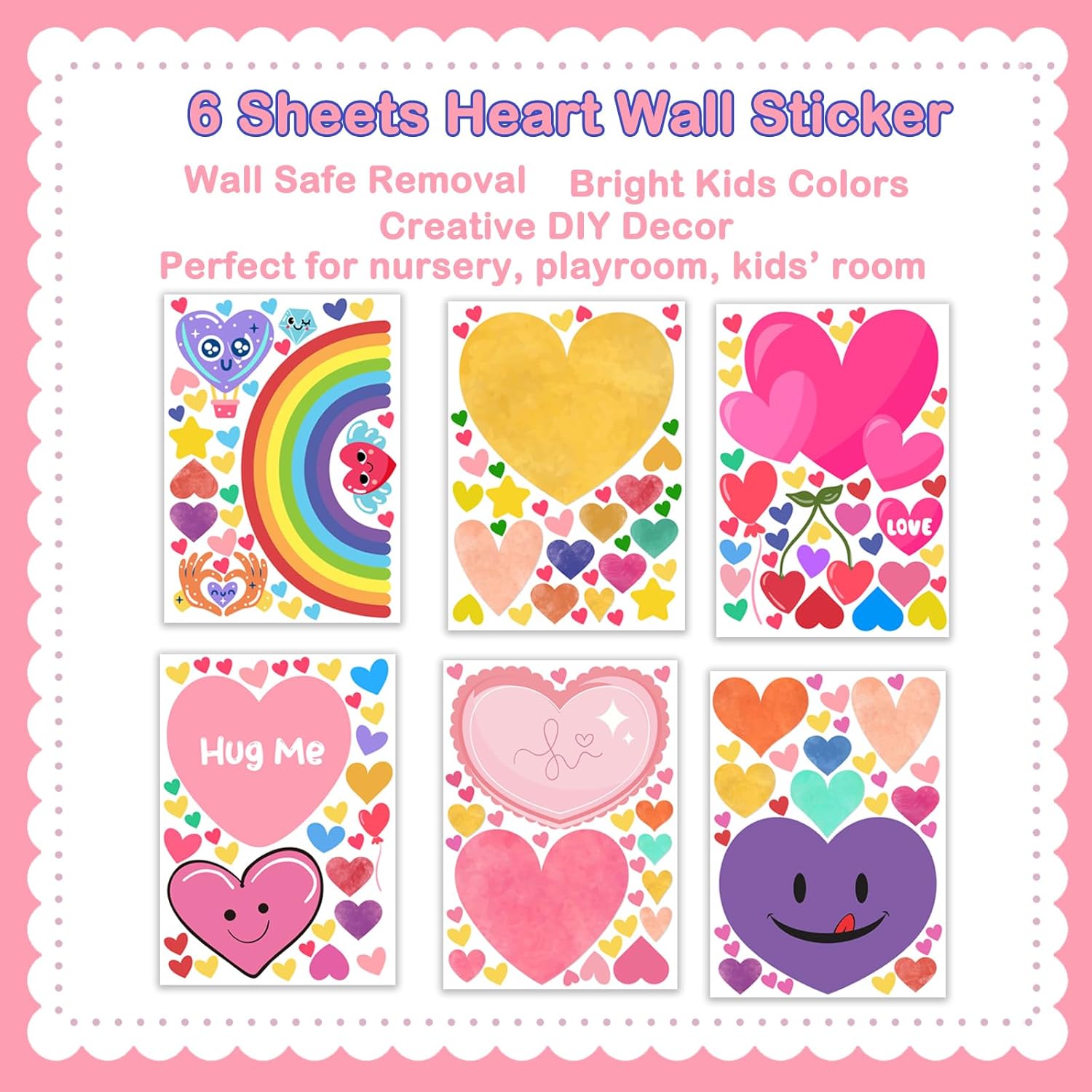 Kids Heart Wall Stickers, 201 Piece Removable Peel and Stick Rainbow Wall Decals for Nursery, Playroom and Bedroom, 6 Sheets Heart-Shaped Wall Decor