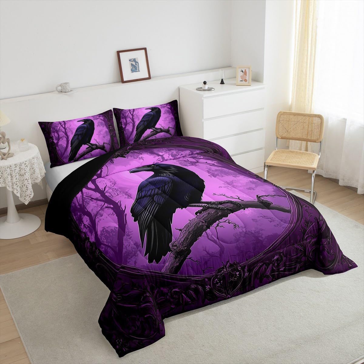 Erosebridal Crow Comforter Set King Size for Kids Teens Adults,Gothic Halloween Bedding Set,Horror Theme Comforter for All Season,Exotic Animal Quilt Set