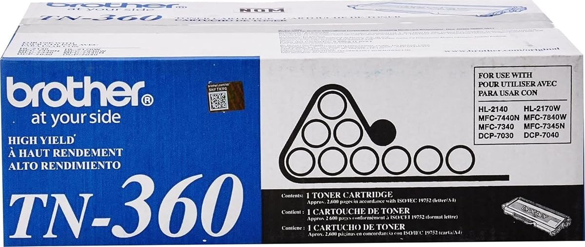 Cartucho de tóner original Brother de alto rendimiento, tóner negro, rendimiento de páginas de hasta 2600 páginas, TN360