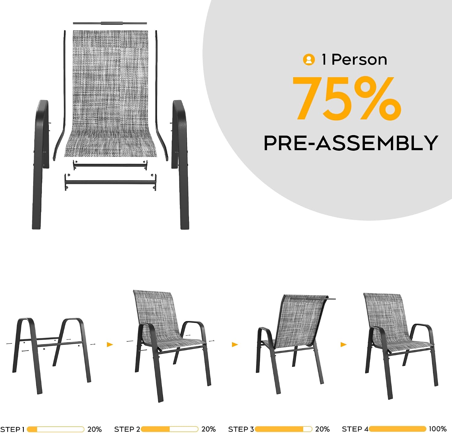 Patio Chairs Set of 4, Stackable Outdoor Dining Chairs for All Weather Textilene Fabric & Metal Frame, Outdoor Chairs Set for Backyard Deck Garden (Grey, Set of 4)