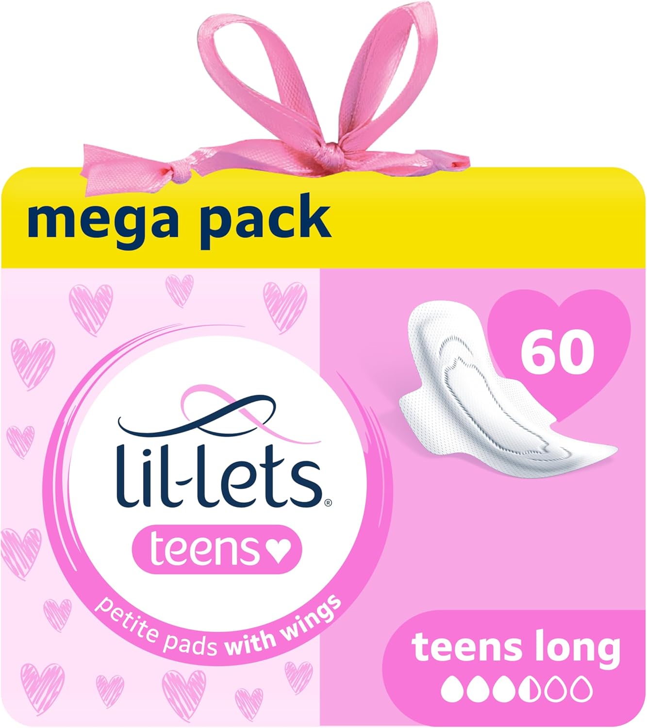 Lil-Lets Teens Long Pads with Wings - 60 Count Period Pads for Teens - Thin, Super Absorbent Sanitary Napkins, Soft & Breathable, Fragrance-Free - First Periods, Medium to Heavy Days